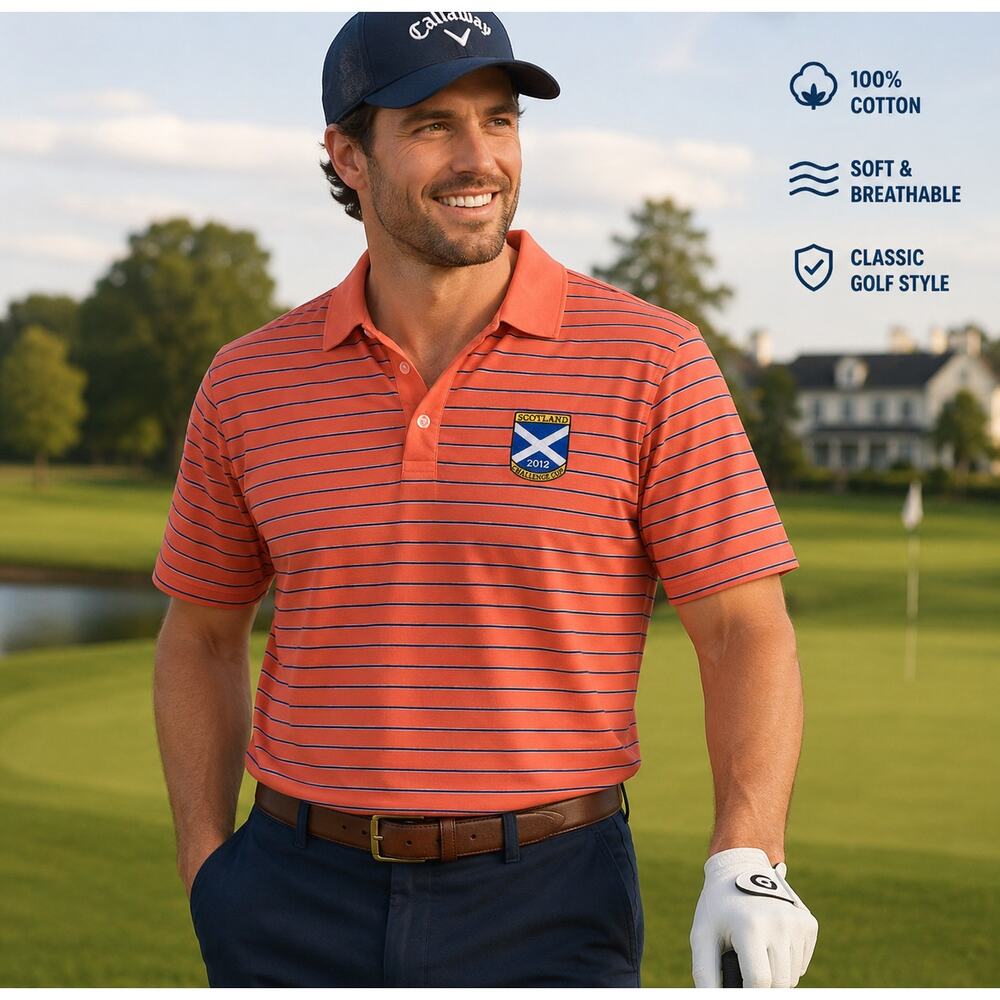 Callaway Scotland 2012 Challenge Cup Golf Polo Shirt Coral Stripe LG